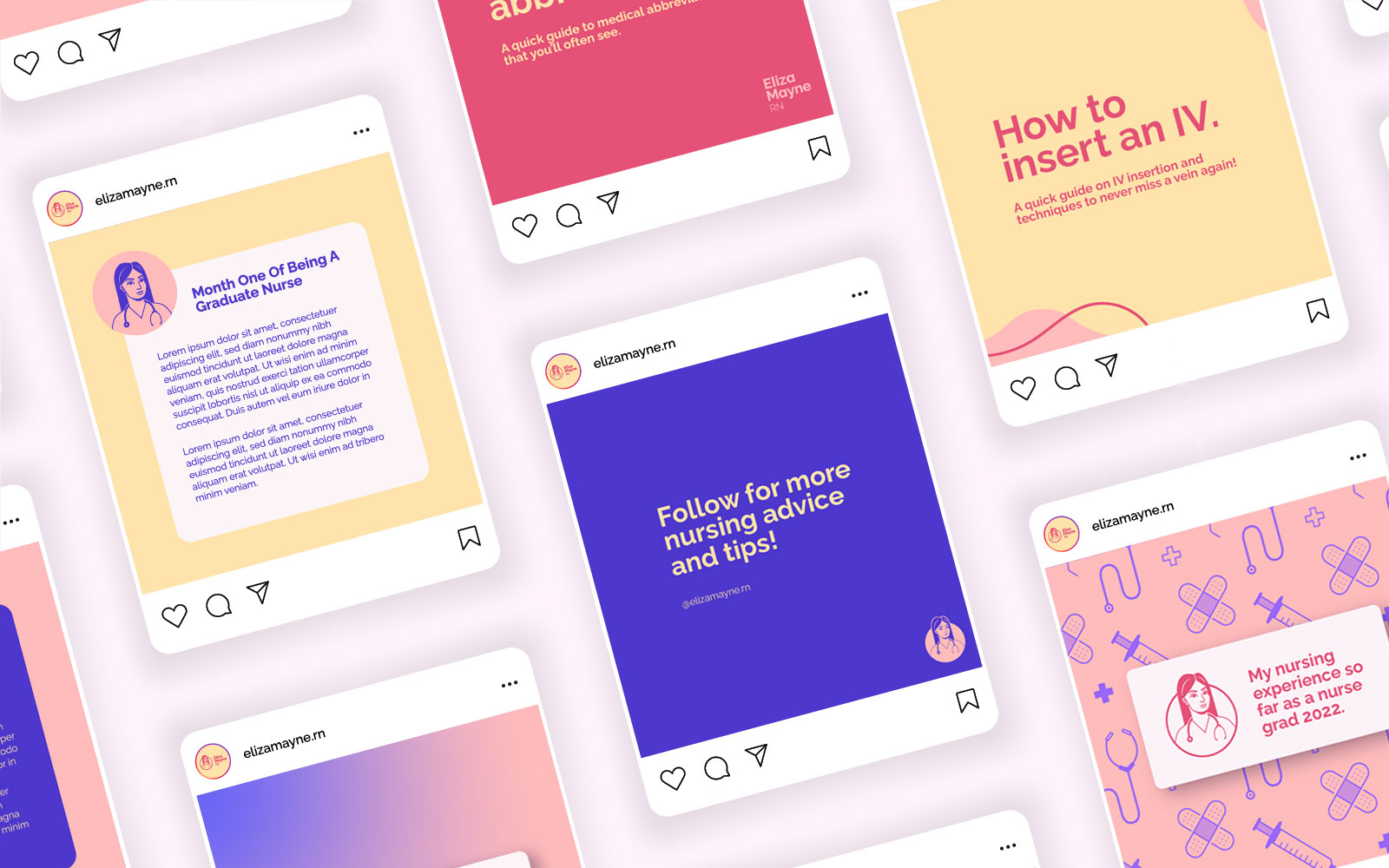 Instagram post mockups of template social media posts of varying colours and formats.